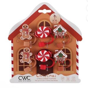 Set of 6 Silicone Holiday Straw Toppers: Gingerbread Man & House, Peppermint